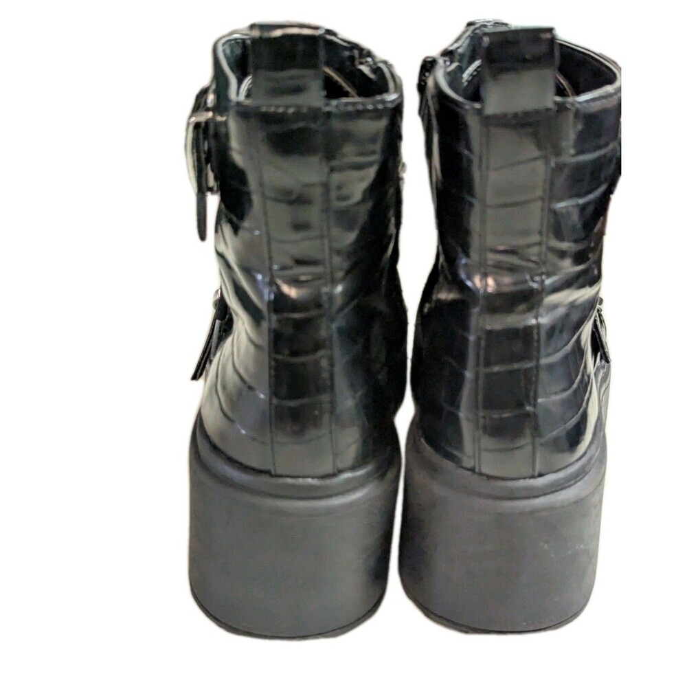 Forever 21 Black Croc Embossed Platform Combat Boots Buckle Moto Goth Sz 5.5 - Picture 3 of 14
